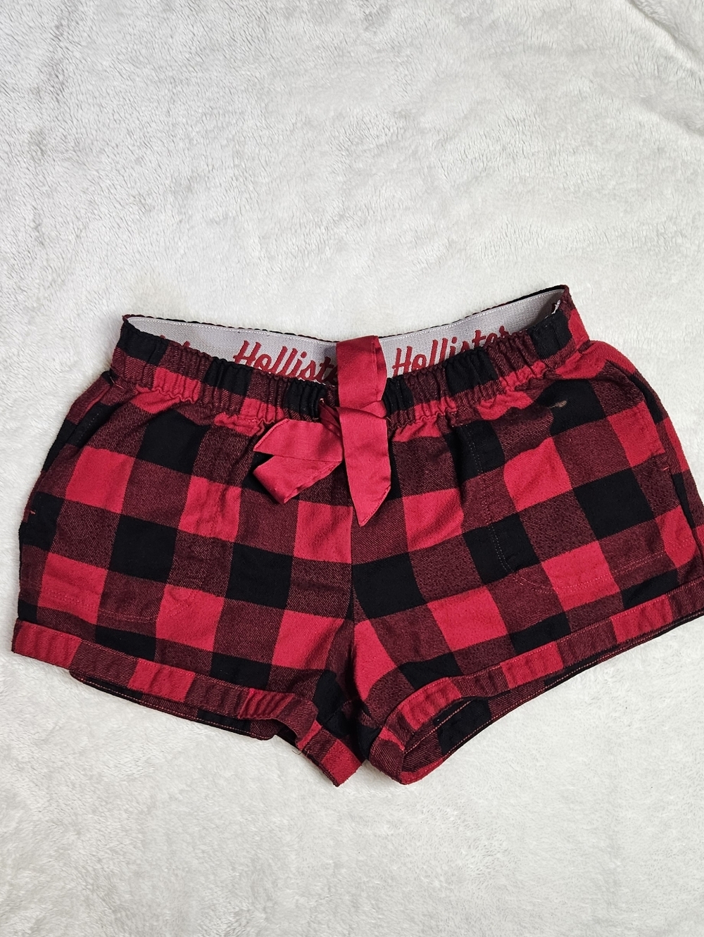 Hollister Red Buffalo Plaid Flannel Pajama Shorts Bow Womens Size Small GUC